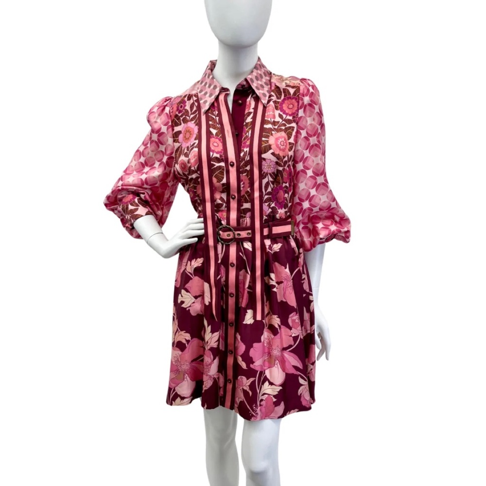 Zimmermann 3 Flower Floral Concert Silk Long Sleeve Dress with Belt 6 / 8